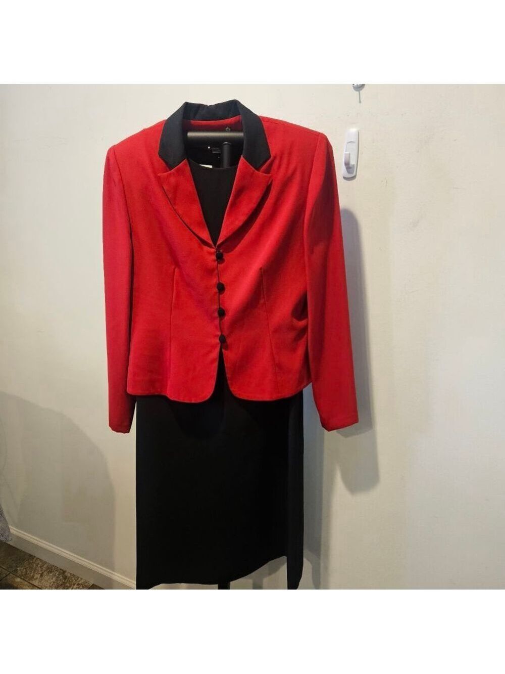Women's Leslie Fay Vintage Black Midi Dress & Red Jacket Suit Set Size 10